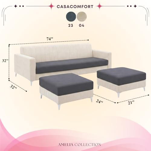 Image of Amelia 5 Seater L Shape Sofa Set with 2 Movable Ottomans | Flexible Layout | Rich Velvet Suede Fabric | Silver Legs | Spacious Seating | Modern Sofa for Living Room (Dark Grey-Cream)