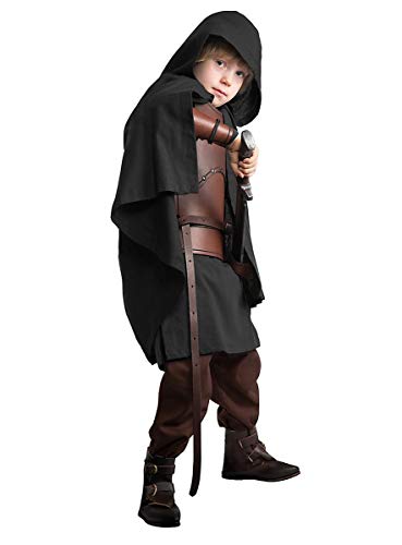 Andracor - Hochwertiger Mittelalter Kinder-Umhang mit Kapuze - universell einsetzbar für LARP, Mittelalter, Fantasy & Cosplay- Farbe: Schwarz - Größe: S-M Cover
