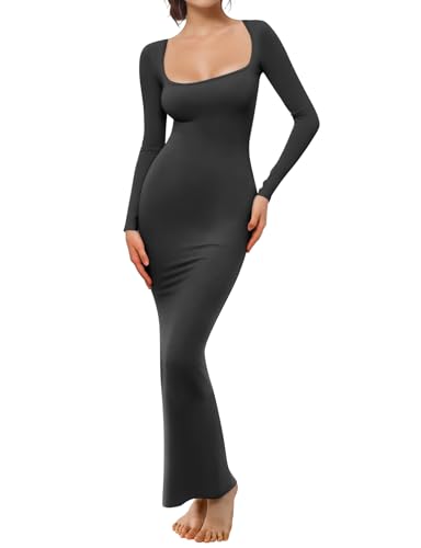Buauty Women's Bodycon Maxi Dresses, Ribbed Square Neck Long Dress, Fall Long Sleeve Lounge Dress for Women