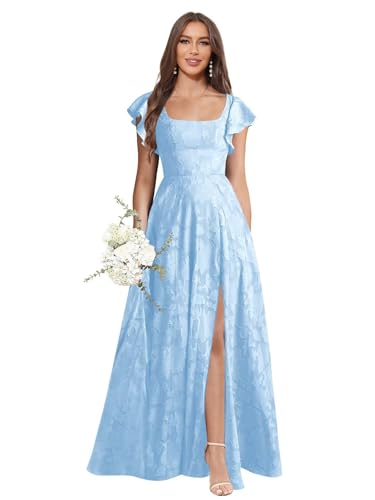 Likeora Floral Bridesmaid Dresses for Women 2026 Square Neck Long A-Line Light Blue Formal Evening Dress with Sleeves Slit Size 16