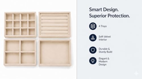 Image of La Trove Set of 4 Stackable Jewelry Organizer Trays for Drawer, Cream | Stackable set of 4 velvet trays for rings, earrings, necklaces, jhumkas and bangles, ideal for drawer jewelry storage
