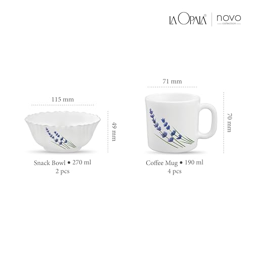 Image of La Opala Novo Collection Opal Glass Crockery | Gift Set of 6 | Coffee Time Set 6 pcs English Lavender | Bowls & Coffee Mugs | Microwave Safe | 100% Vegetarian | Extra Strong | Super Light & White