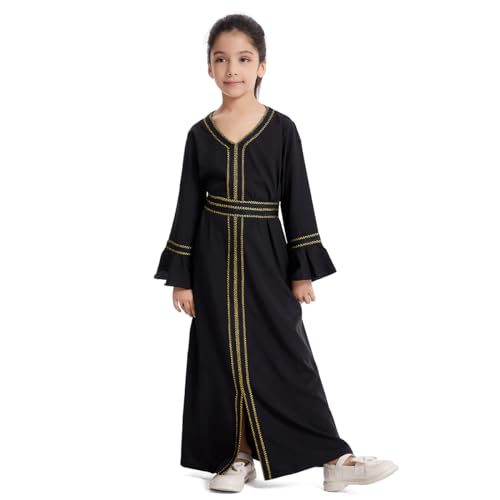 FYMNSI Kids Girls Dubai Kaftan Dresses Long Bell Sleeve Islamic Maxi Robe Dress with Belt Prayer Clothes Muslim Abaya Thobe