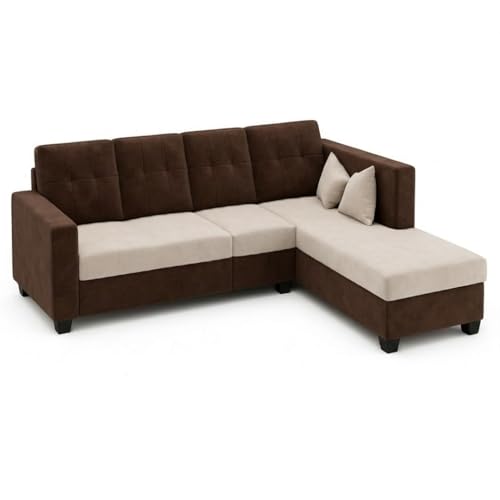 Image of FURNY Nathan 5 Seater L Shape Sofa Set RHS (Dark Brown-Cream) | Suede Velvet Finish | Durable Comfort Sofa for Modern Living Room & Office Spaces
