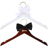 Beeveer 2 Pcs Bride Hanger for Wedding Dress Bride and Groom Wooden Wedding Dress Hanger Set with Bow Tie for Tuxedo Suit Gift Bridal Party Shower(Simple)