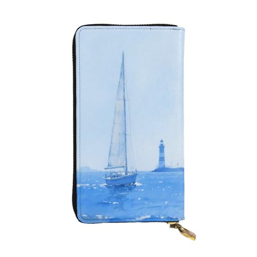 Sailing Boat Lighthouse Leather Hand Wallet for Women Long Zipper Clutch Purse for Cash Cards Coin
