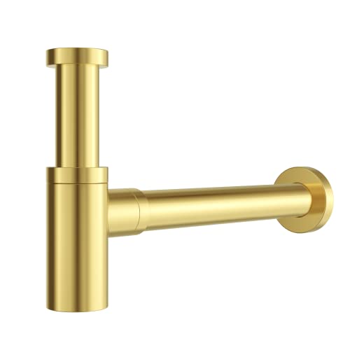 BERGFELD Siphon Waschbecken ROUND Flaschensiphon Sifon Ablaufgarnitur Waschtisch Ablauf Abfluss Geruchsverschluss Waschschale Popup Ventil Bad Gäste-WC rund Gold Cover