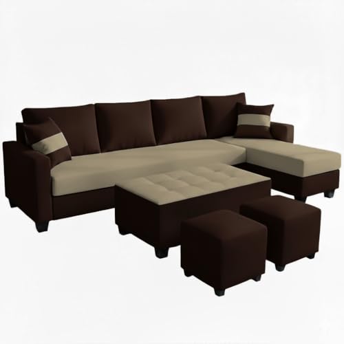 Image of CASASTYLE Adonway 8 Seater Fabric RHS L Shape Sofa Set (Cream-Dark Brown) Premium Velvet Finish | Ideal for Living Rooms