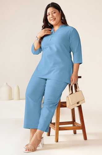 Image of Janasya Women's Light Blue Linen Cotton Solid A-line Top