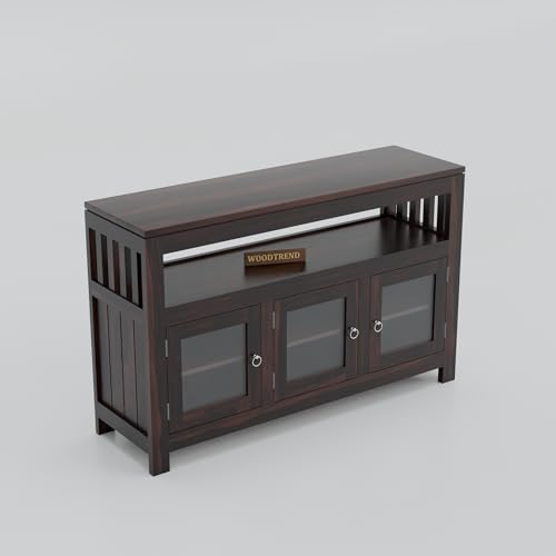 Image of Solid Wood Sideboard Cabinet for Living Room | Wooden Storage Cabinet with Acrylic Glass Doors & Open Shelf (Walnut Finish)