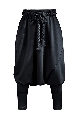 Harem Pants for Men Goth Genie Boho Baggy Trousers with Rope Belt Drop Crotch Festival Streetwear Black