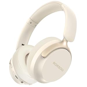 RORSOU B8 Bluetooth Headphones Over Ear, 6 EQ Music Modes and 50H Playtime Deep Bass Wireless Headphones with Mic, Lightweight Folding HiFi Stereo Headset for iPad/Travel/Tablet/PC/Home Beige White