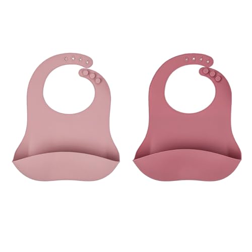CCAIPU 2PCS Silicone Baby Bibs | Feeding Bibs with Drip Tray | BPA-Free, Washable, Waterproof | Soft & Easy to Clean | For Babies and Toddlers (Pink/dark pink)