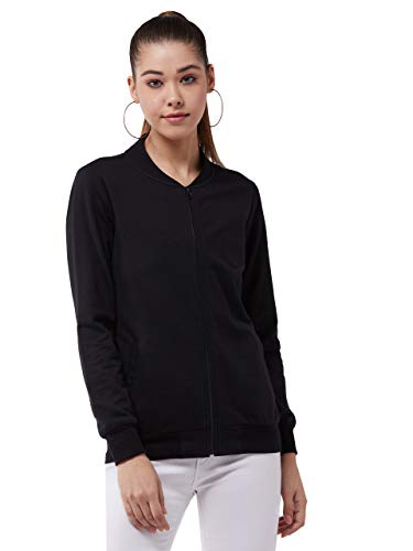 Image of Miss Chase Women's Black V-Neck Full Sleeves Cotton Solid Relaxed Bomber Jacket with Pockets