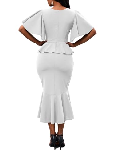 Image of Womens Summer Ruffle Short Sleeve Fishtail Dress Evening Cocktail Formal Peplum Midi Mermaid Dresses Elegant