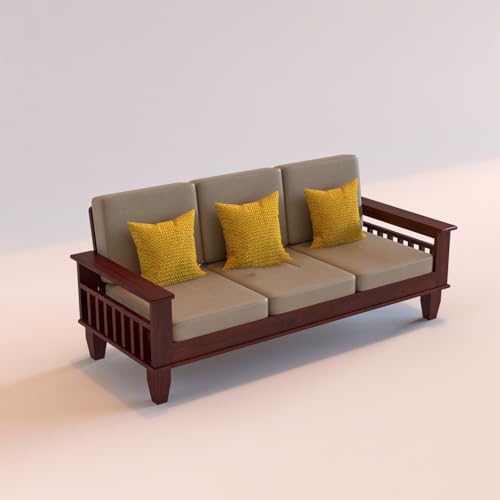 Image of Sheesham Wooden 3 Seater Sofa for Living Room | Rosewood 3 Seater Cushion Sofa with Side Newspaper Holder for Home & Office | Solid Wood Sofa Set for Lounge (-Mahogany)