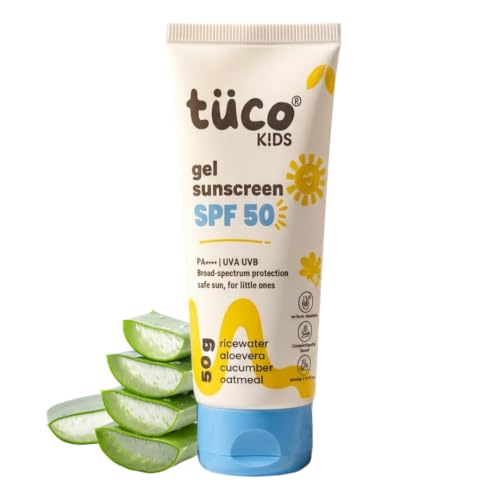 Image of Tuco Kids Gel Sunscreen SPF 50 with Aloe Vera | UVA /UVB PA++++ | Broad Spectrum Protection | Benzophenone- 3 and Avobenzone Free | Ages 2-5, 5-10, 10-15 | 50gm