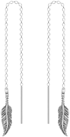Threader Chain Earrings in 925 Sterling Silver | Thread Through Jewelry for Women and Girls | Multiple Designs Available (Bohemian Feathers)