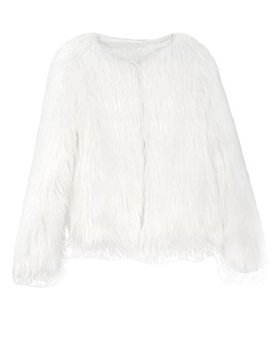 Anself Women's Shaggy Faux Fur Coat Solid Color Long Sleeve Short Jacket White