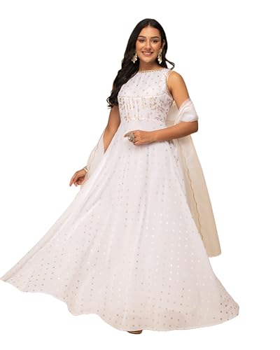 Image of FIORRA Women's Fit and Flare Floor Length Georgette Printed Gown with Dupatta