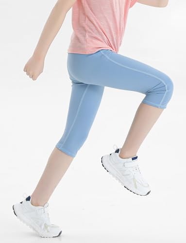 Happy Cherry Girls Athletic Leggings Capri Yoga Pants Stretch Slim Fit Tight 3/4 Pant with Pockets 2 Pack 5-11Y4