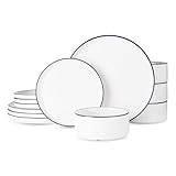Famiware Porcelain Dinnerware Set, 12-Piece Modern Plate and Bowl Set, Dish Set for 4, Microwave and...