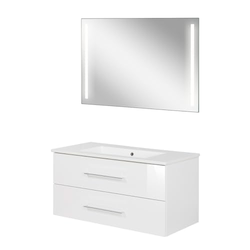 FACKELMANN B.Perfekt 3-teiliges Möbel-Set – Modernes Waschtischset mit Keramikbecken, rechteckigem LED-Spiegel und Unterschrank in Weiß – Made in Germany