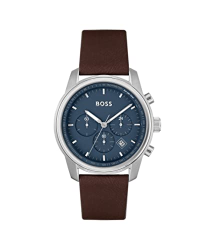 Image of BOSS Trace Qtz Fashion Chrono Blue Round Dial Men's Watch|Brown Leather Material|Brown Color Band - 1514002