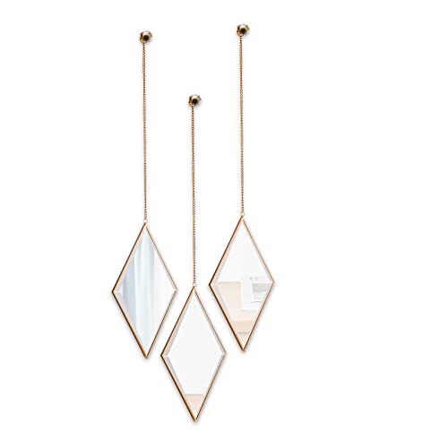 Ytwmzzz Diamond Shape Decorative Wall Mirror Set Of 3 Pcs, Small Modern Wall Mirror With Copper Hanging Chain For Home Decor (Large, Gold) #TOP11