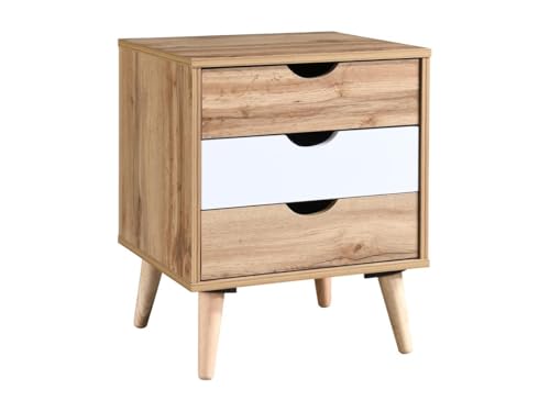 Vente-unique - Mesita de Noche con 3 cajones - Colores: Aspecto de Madera y Blanco - LURVIA