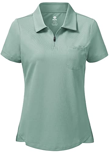 MoFiz Women's Golf Tennis Polo Shirts Cotton Breathable Casual Sports Work-wear Polo T-Shirt with 1/4 Zipper Green Size S