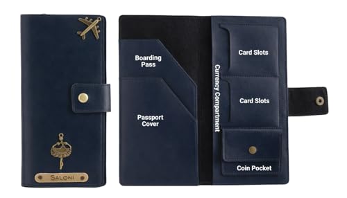 Image of AICA Personalized Name & Charm Long Leather Wallet Passport Cover (Navy Blue) with Boarding Pass Holder Currency Card Slot & Coin Holder for Men & Women | Travel Gifts for Men Boys Husband Dad Bro
