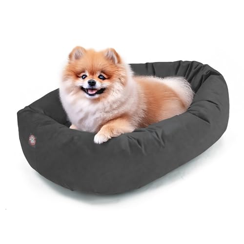 Image of Majestic Pet Suede Shredded Memory Foam Mix Calming Dog Bed Washable - Cozy Soft Round Dog Bed with Spine for Head Support - Fluffy Donut Dog Bed, 24 Inch, Gray