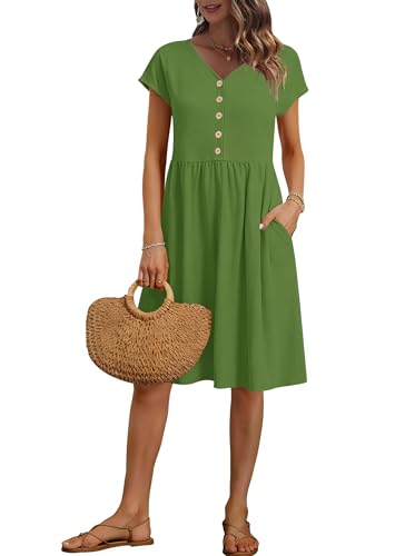 Image of AUSELILY Women's Summer Short Sleeve Knee-Length V Neck Dress with Pockets | V Neck,Cap Sleeve,Loose-Fit,Casual Dresses,2026 New