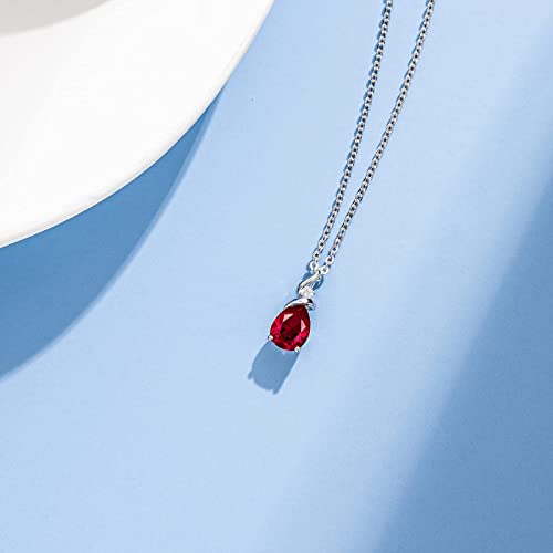 Fancime Mother's Day Gifts 14K Solid White Gold Pendant July Birthstone Jewelry Created Ruby Gemstone Necklace Pear Shaped Teardrop Gifts For Mom Women, Sterling Silver Chain 16" + 2" Extender #TOP3