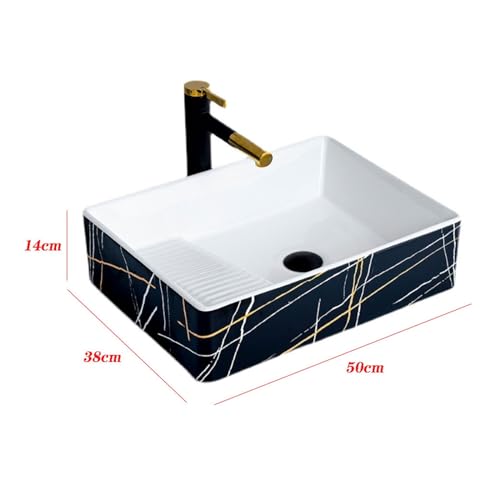 Lavabo artístico rectangular de cerámica vitrificada sobre encimera con desagüe completo 3