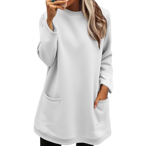 Einfarbiger Damen-Pullover mit Taschen, einfarbig, mit Fleece gefüttert, Damen-Sweatshirts ohne Kapuze, Übergröße, lockere Passform, lange Ärmel,...