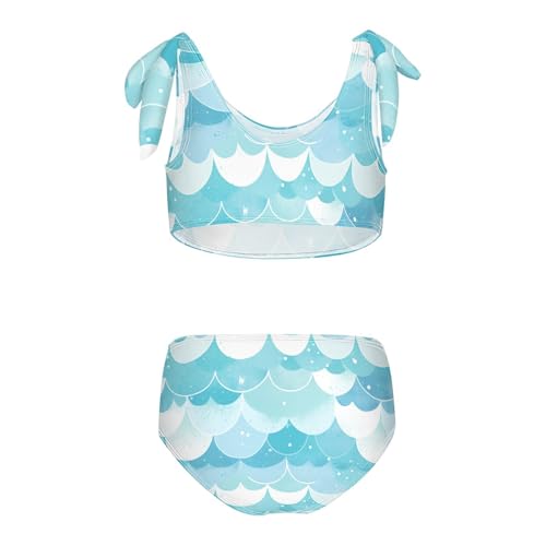 Glitter Teal Mermaid Scales Pattern Girls Two Piecing Kids Bikini Set Scoop Neck Swimsuit Swimming Suits Adjustable Strap2