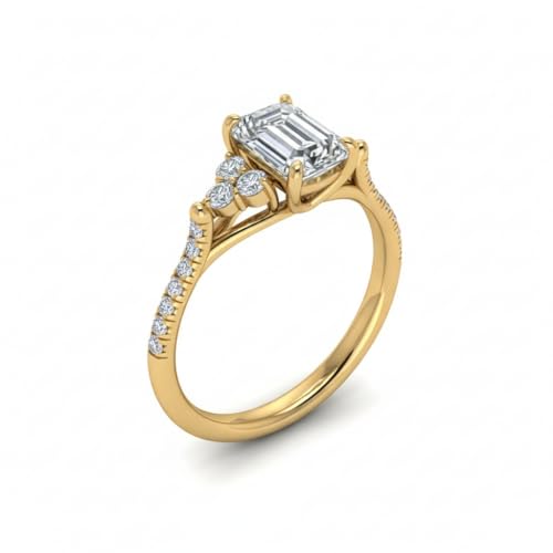 Image of Choose Your Gemstone Emerald Cut Petite Cathedral Diamond CZ Ring Yellow Gold Plated Emerald Shape Petite Engagement Rings for Women, Girls and Ladies US Size 4 to 12