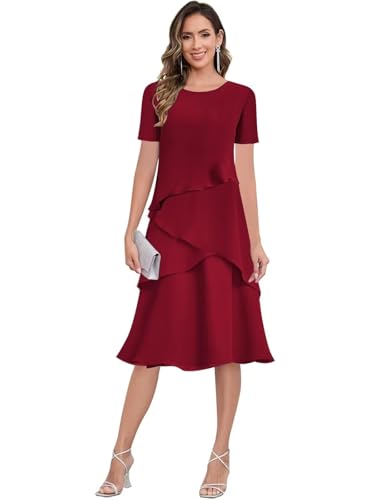 Tea Length Mother of The Bride Dresses for Women Tiered Chiffon Formal Wedding Guest Dress with Sleeves