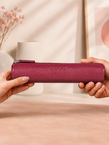 Image of Calfnero Genuine Leather Pen-Case for Men & Women | Premium Brodo Leather Pencil-Pouch with Zipper | Cylindrical Pen-Holder Organizer for Pen, Pencils & Stationery | Unisex Pen-Sleeve