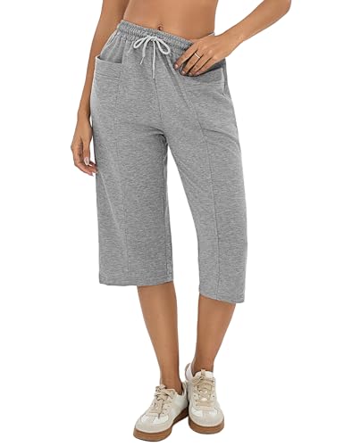 Demegimi Pantalones Deportivos Mujer 3/4 Capri Pantalón Algodón Deportivos Cintura Alta Pantalones Piratas Verano con Bolsillos para Yoga y Correr