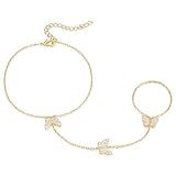 Emibele Pulsera Oro Para Mujeres, 18K Oro Mariposa Chapado Cadena Mano, Circonita Acero Inoxidable Sin Deslustre Cadena Mano Pulsera Con Anillo, Moderno Ajustable Joya Regalo