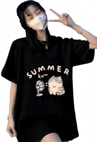 Women's Cute Cat Cartoon Print T-Shirt Kawaii Oversized Graphic Tees Y2K Men's Short Sleeve Tees Grunge Clothes