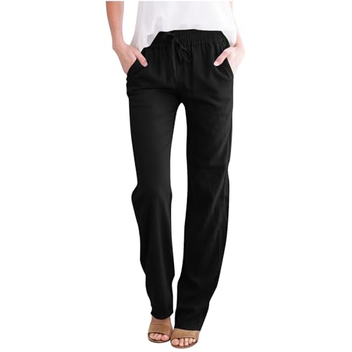 Linen Pants Women Petite Suumer Pull On High Waist Straight Leg Pants Drawstring Loose Beach Trousers with Pockets