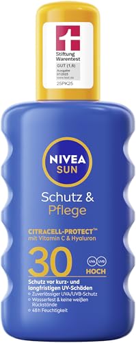 NIVEA SUN Schutz & Pflege Sonnenspray LSF 30, wasserfestes Sonnencreme Spray mit Vitamin C & Hyaluron, schnell einziehender Sonnenschutz für 48h Feuchtigkeit (200 ml)
