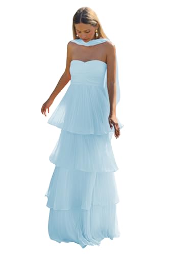 Jicht Pleated Maxi Dresses for Women Light Blue Chiffon Strapless Plus Size Bridesmaid Dress Formal 16W