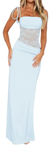 Image of Women's Lace Splicing Cutout Maxi Dress Square Neck Sleeveless Bodycon Long Dress with Sheer Corset