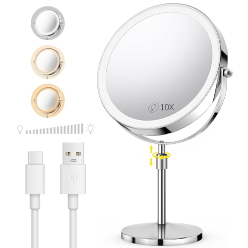 Lighted Makeup Mirror Magnifying Mirror with Lights 8 Double Sided Vanity Mirror 1x/10x BLYPHOO Premium Rechargeable Mirror for Makeup with Touch Control 3 Adjustable Colors & 360 Rotation