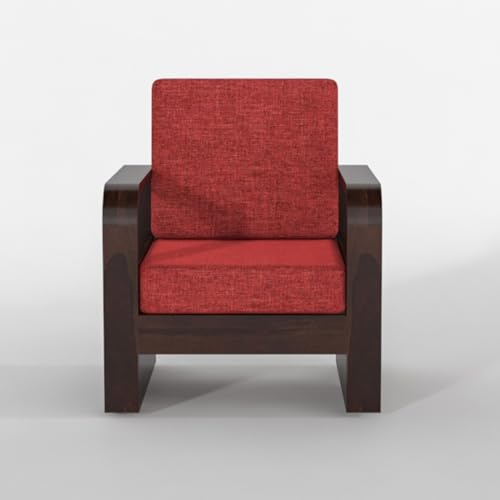 Image of Sheesham Wooden 1 Seater Sofa for Living Room | Solid Wood Sofa with Side Pocket Storage & Cushion | Rosewood Sofa Set for Home & Office | Lounge (Walnut with Red Cushion, 1 Seater)